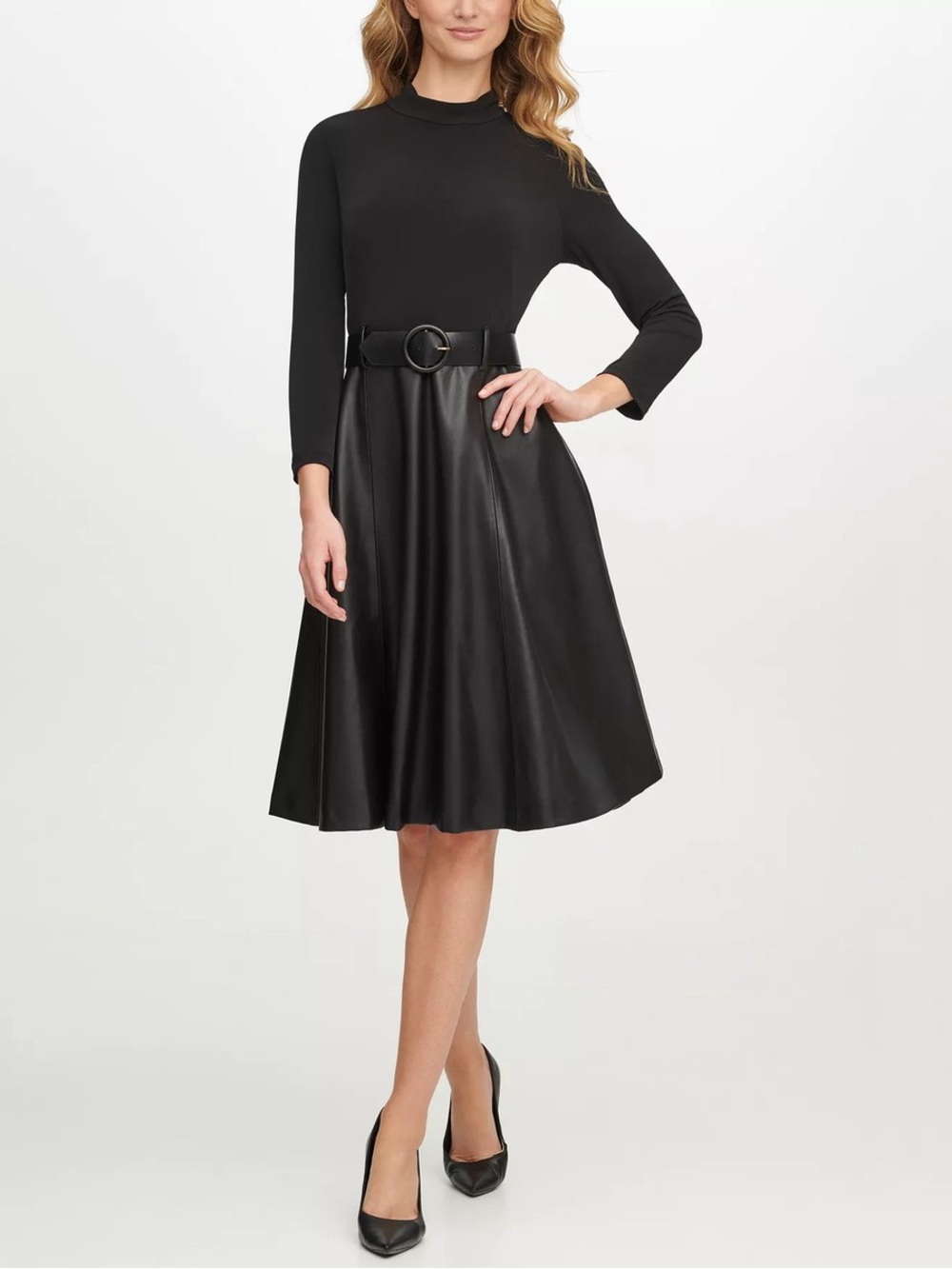 Calvin Klein Black Mock-Neck Midi Dress with Belt